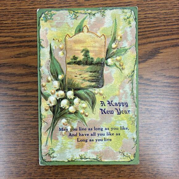 Antique Happy New Year Holiday Postcards Lot of 4 Early 1900s 1910 Gilt Embossed - Picture 4 of 10
